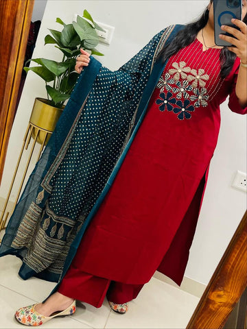 Pure Cotton Printed Kurti Set with Embroidery, Pant & Mulmul Dupatta |