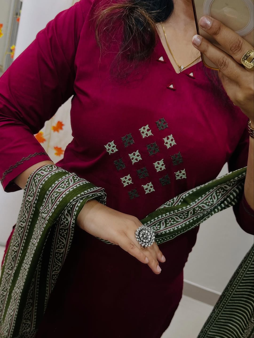 Heavy Embroidered Cotton Kurti Set with Pant & Pure Cotton Dupatta