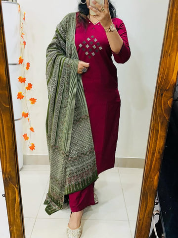 Heavy Embroidered Cotton Kurti Set with Pant & Pure Cotton Dupatta