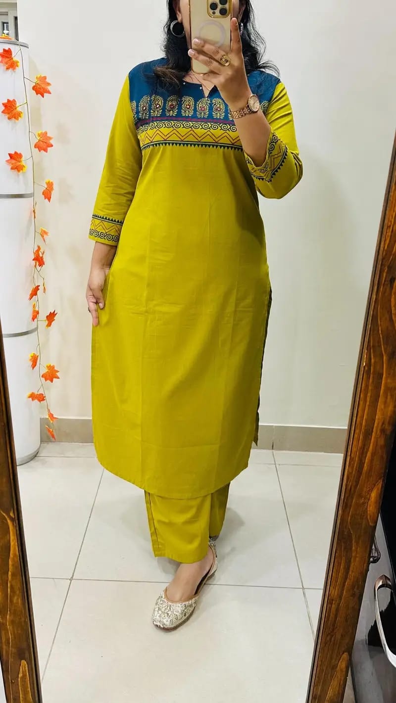 Designer Block Print Straight Kurti Palazzo Set in Rich Cotton