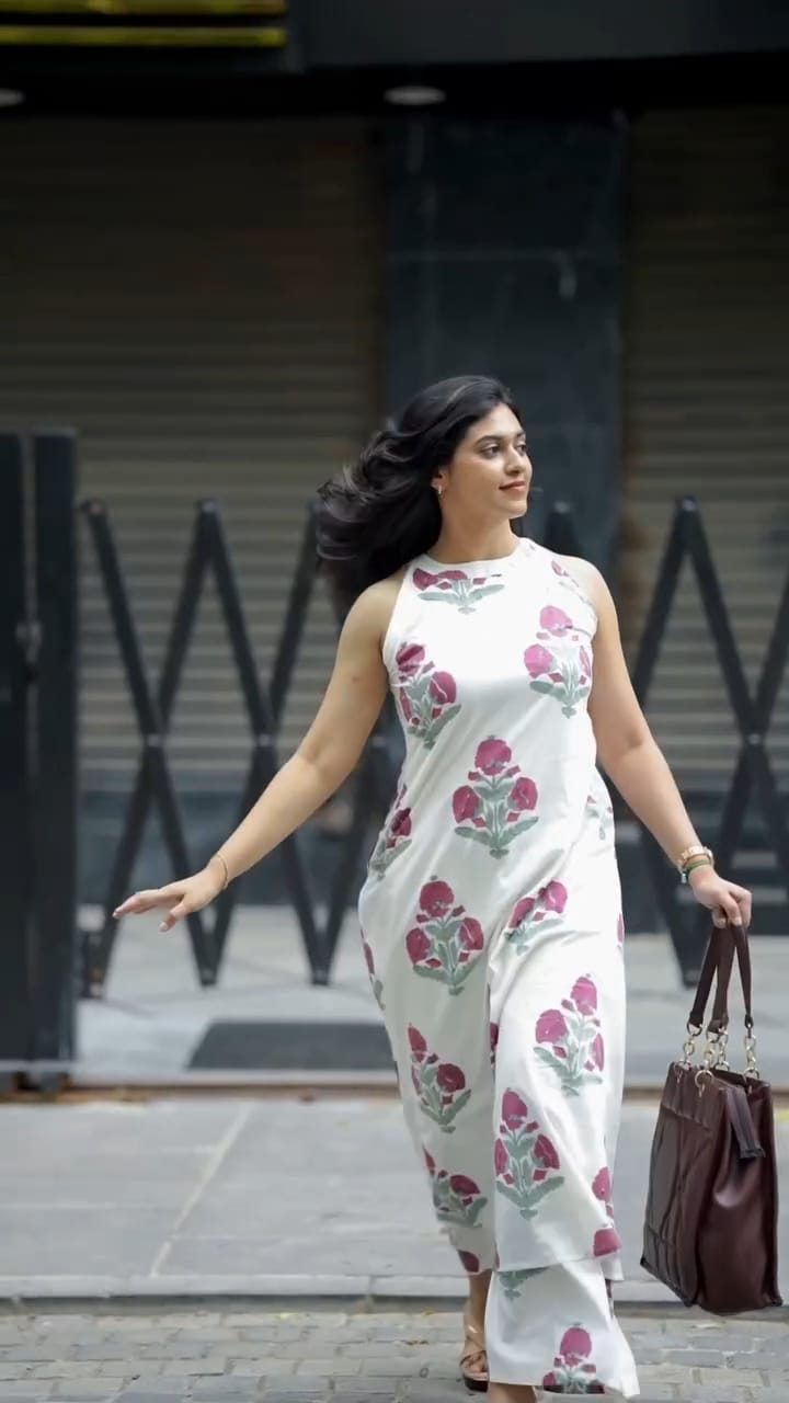 Premium Floral Fine Cotton A-Line Kurti Palazzo Co-Ord Set