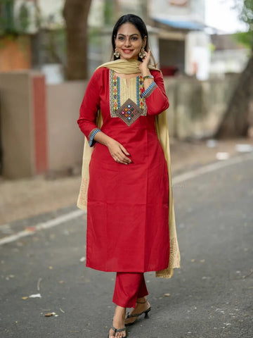 Fashion Exclusive Red Cotton Kurti Pant Set with Patch-Embroidered Yoke & Mulmul Dupatta