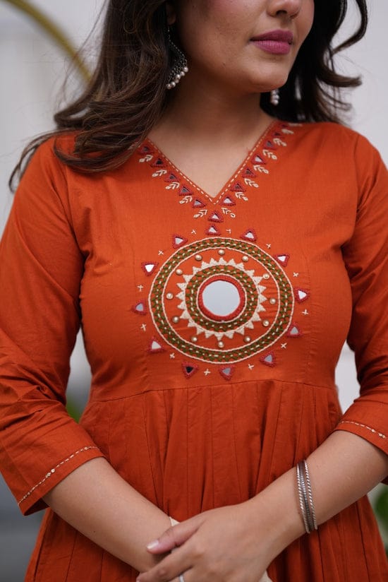 Rust Cotton Anarkali Kurta Pant Set with Mirror Work & Mal Cotton Dupatta