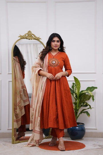 Rust Cotton Anarkali Kurta Pant Set with Mirror Work & Mal Cotton Dupatta