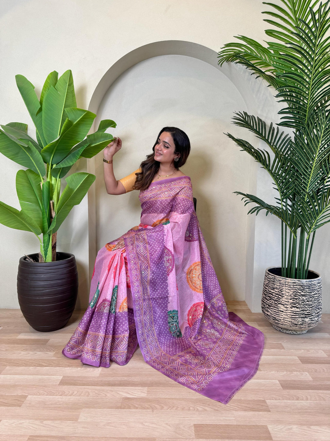 Kesariyaa Lavender Tissue Silk Bandhani Weaving Saree