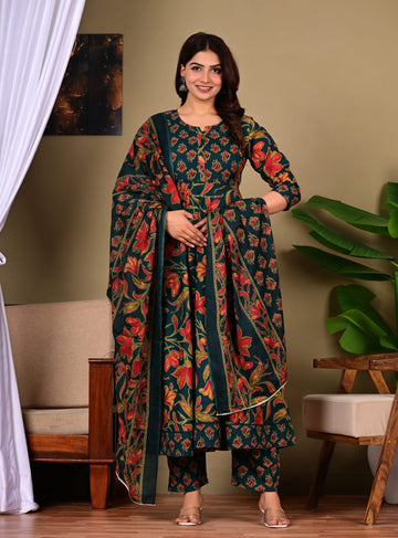 Printed Pure Cotton Three-Piece Kurta Set with Pants and Dupatta
