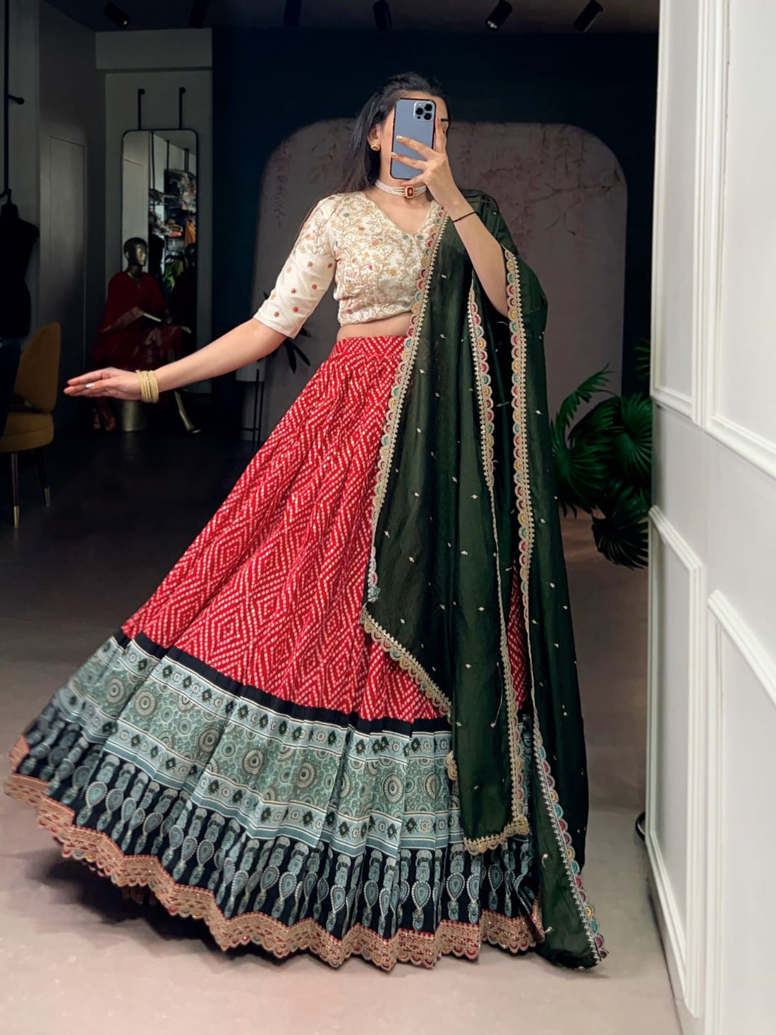Bandhej & Ajrakh Printed Rayon Lehenga Choli Set with Embroidered Blouse and Dupatta