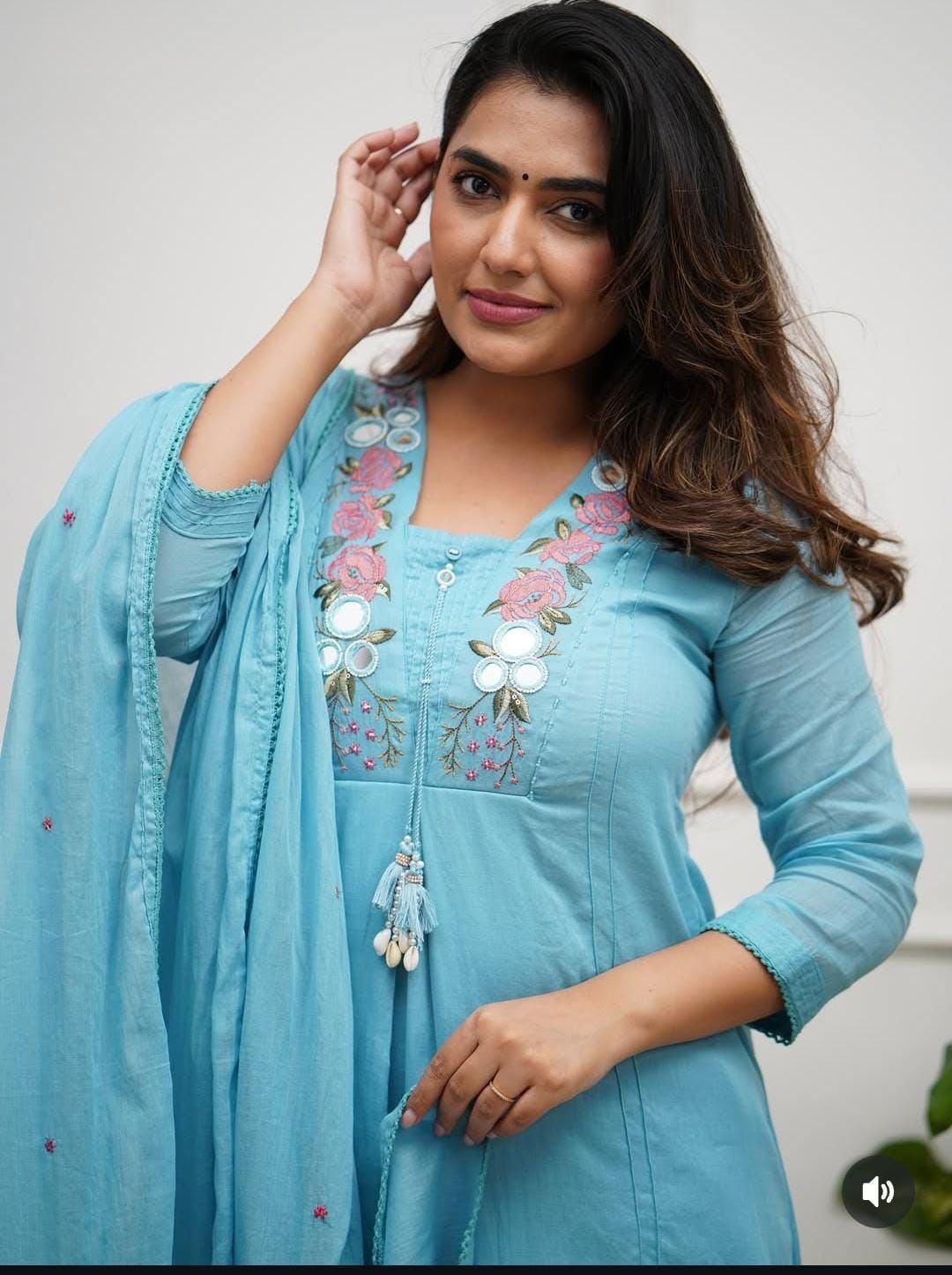 Faddism Abstract Summer Cotton Kurti Pant Dupatta Set with Embroidery