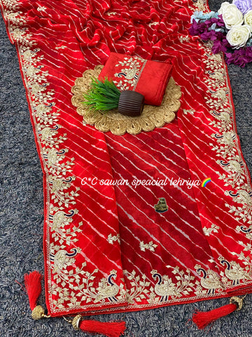 Faddism Sawan Special Lehriya Georget Silk Saree with Pita Embroidery