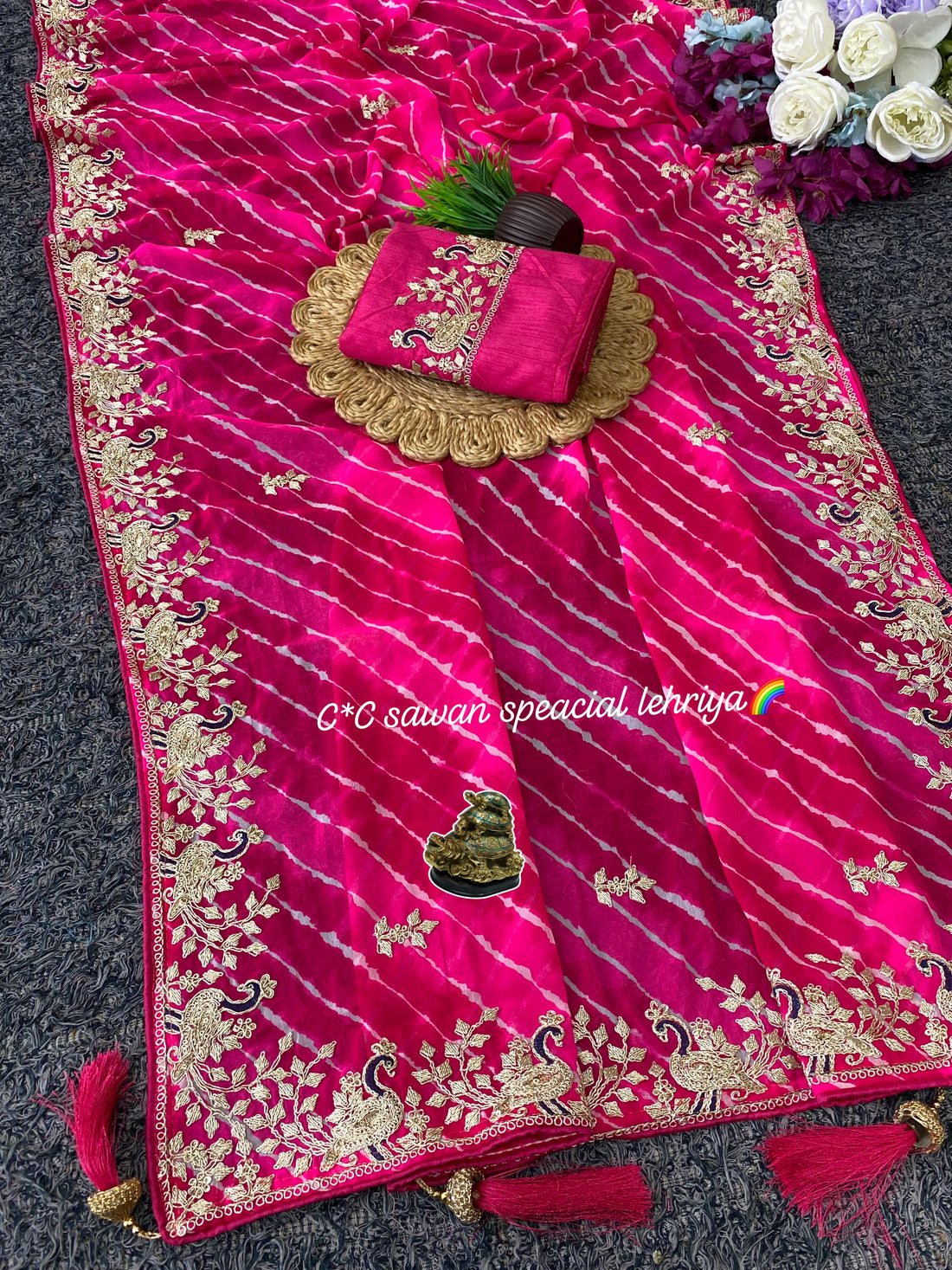 Faddism Sawan Special Lehriya Georget Silk Saree with Pita Embroidery