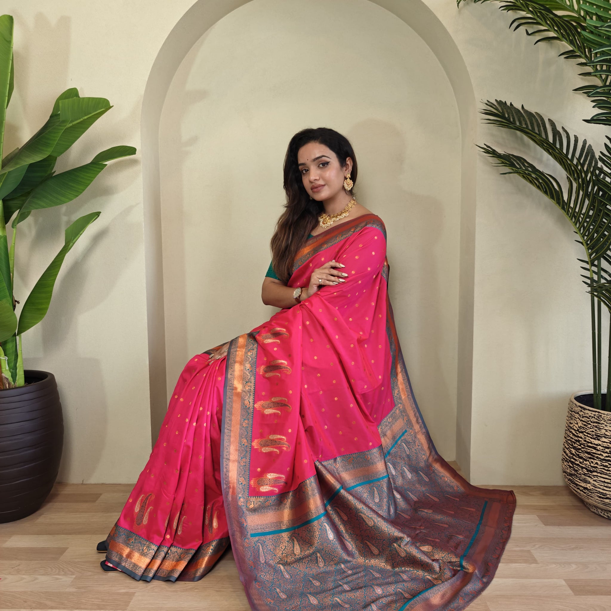 Tanya Pink Royal Paithani Silk Saree with Kanchipuram Touch & Contrast Blouse