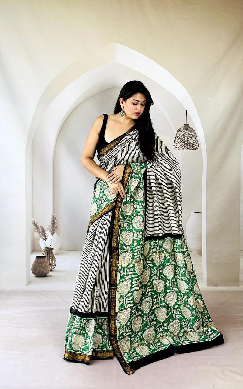 Exclusive Traditional Hand Block Printed Maheshwari Silk Saree with Blouse Piece