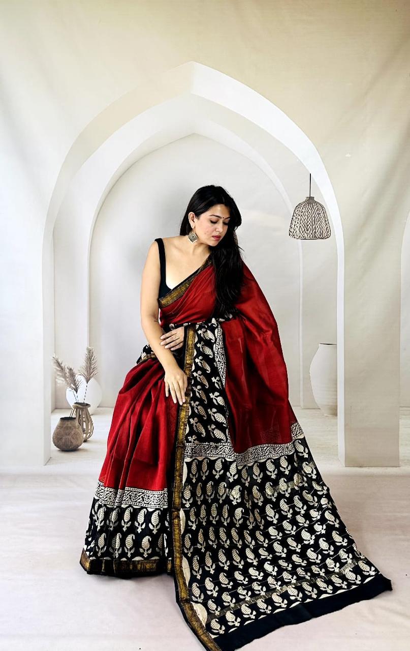 Exclusive Traditional Hand Block Printed Maheshwari Silk Saree with Blouse Piece
