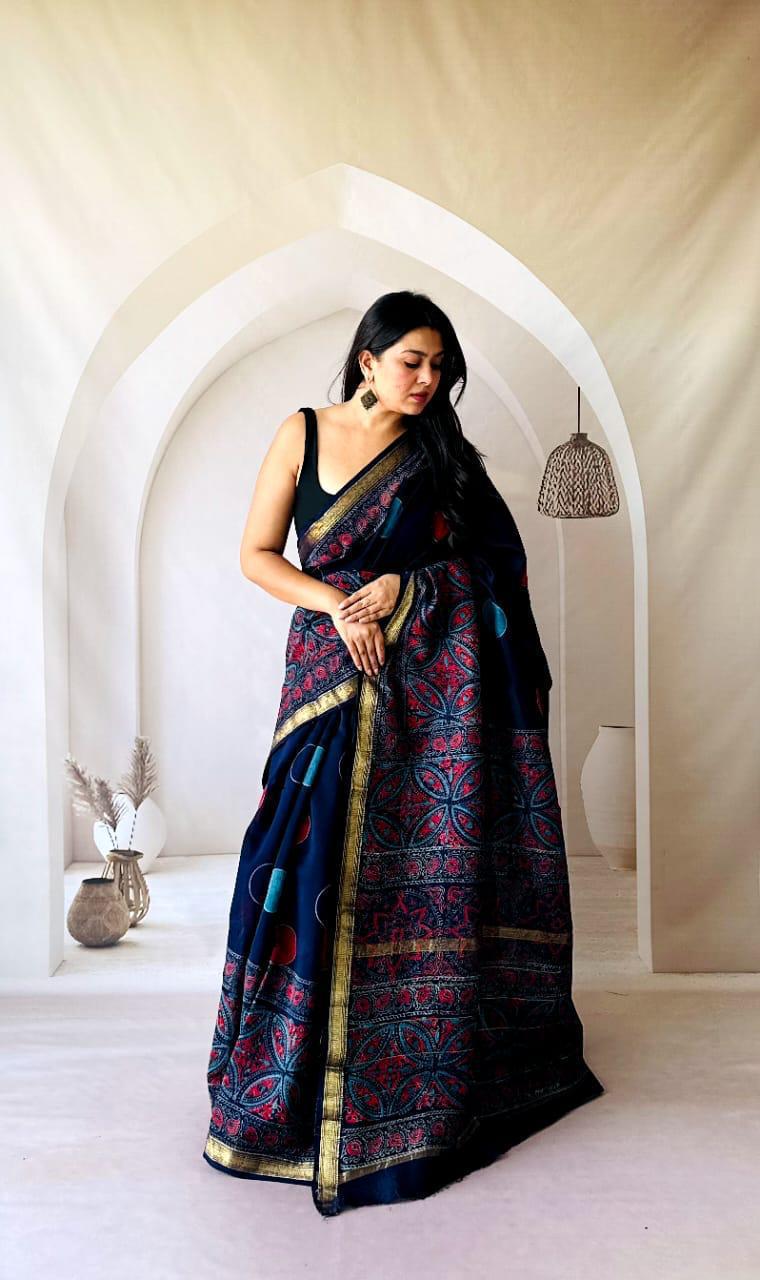Exclusive Traditional Hand Block Printed Maheshwari Silk Saree with Blouse Piece