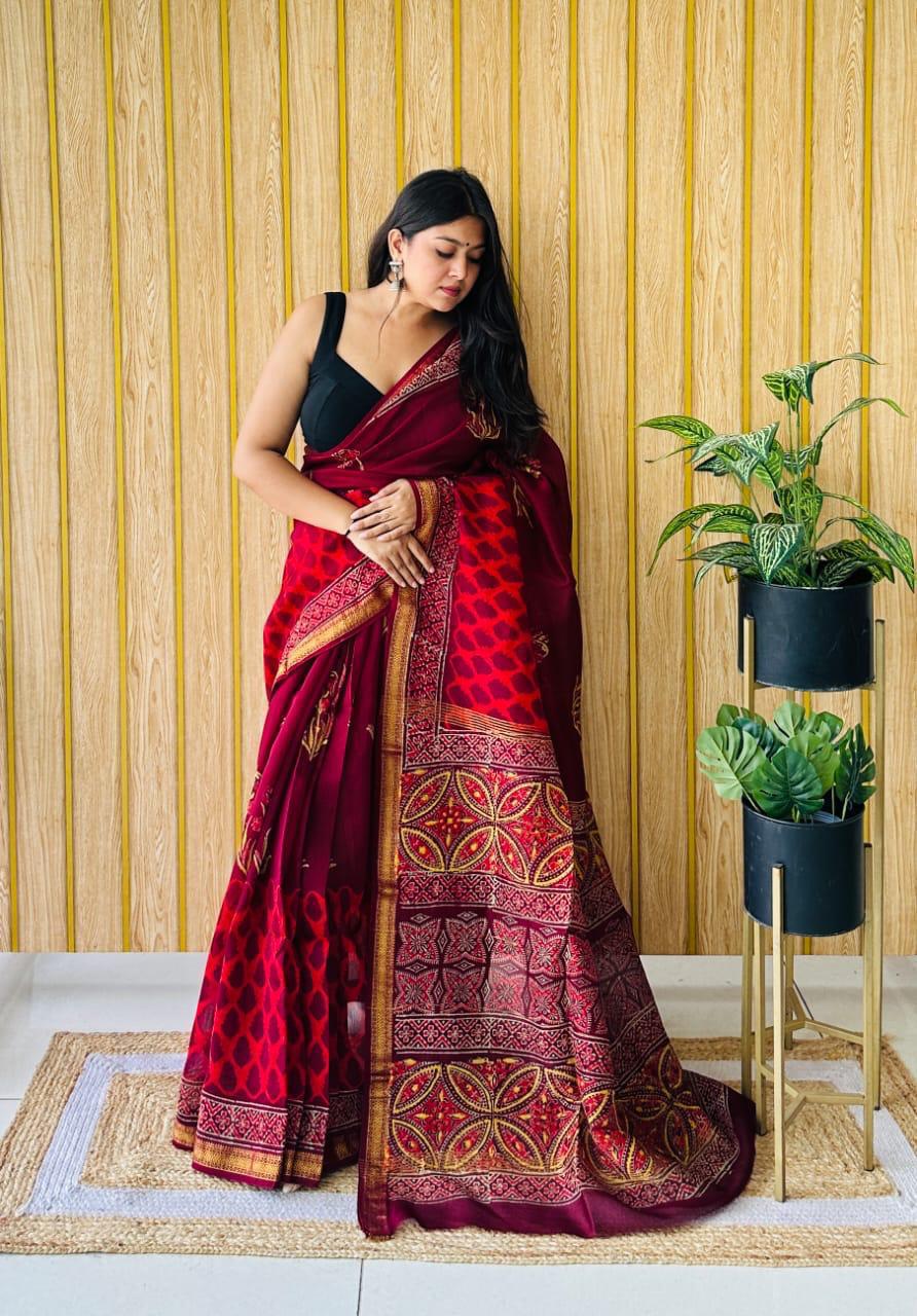 Exclusive Traditional Hand Block Printed Maheshwari Silk Saree with Blouse Piece