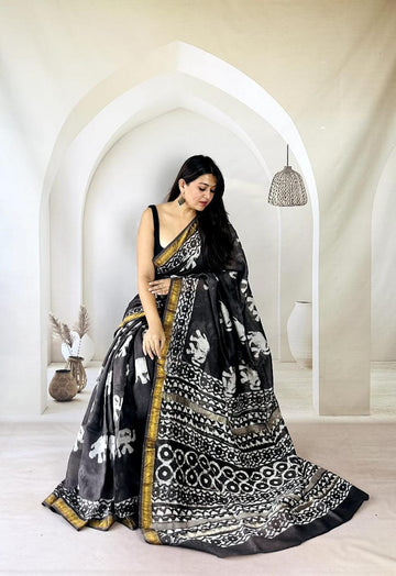 Exclusive Traditional Hand Block Printed Maheshwari Silk Saree with Blouse Piece