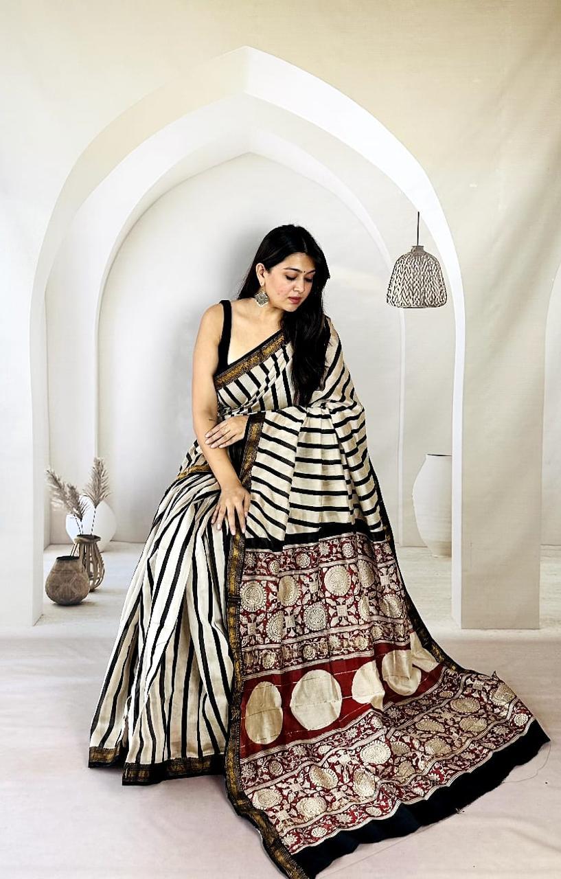 Exclusive Traditional Hand Block Printed Maheshwari Silk Saree with Blouse Piece