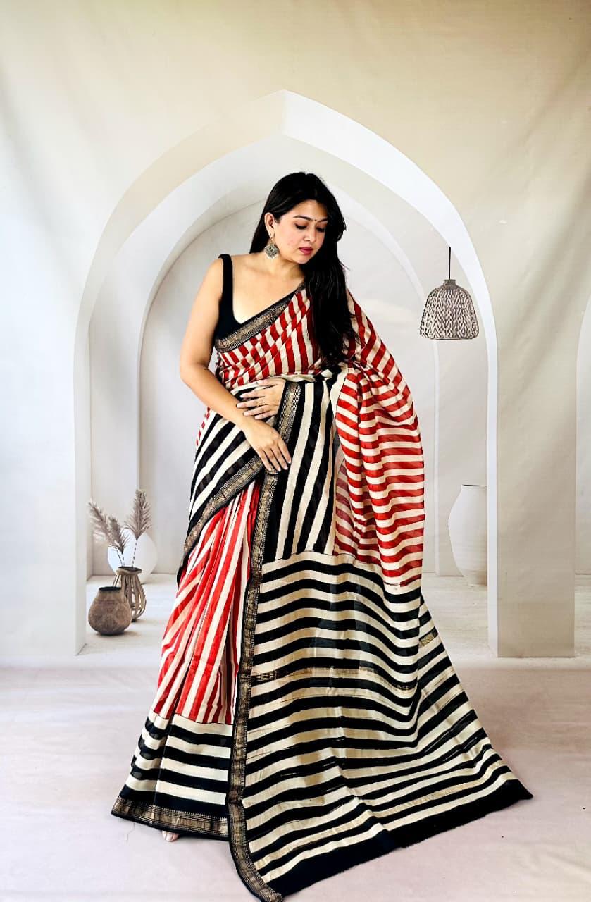 Exclusive Traditional Hand Block Printed Maheshwari Silk Saree with Blouse Piece