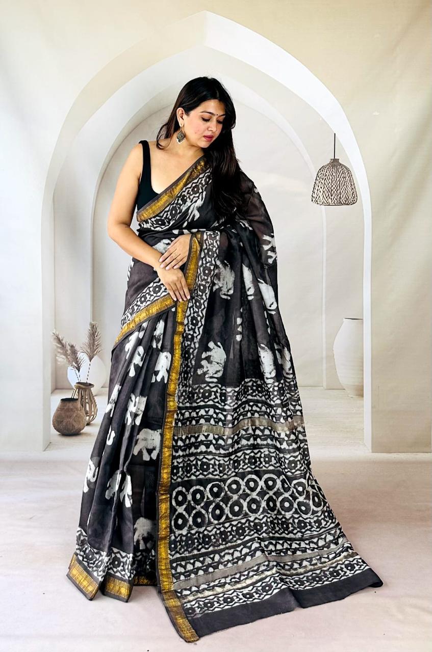 Exclusive Traditional Hand Block Printed Maheshwari Silk Saree with Blouse Piece