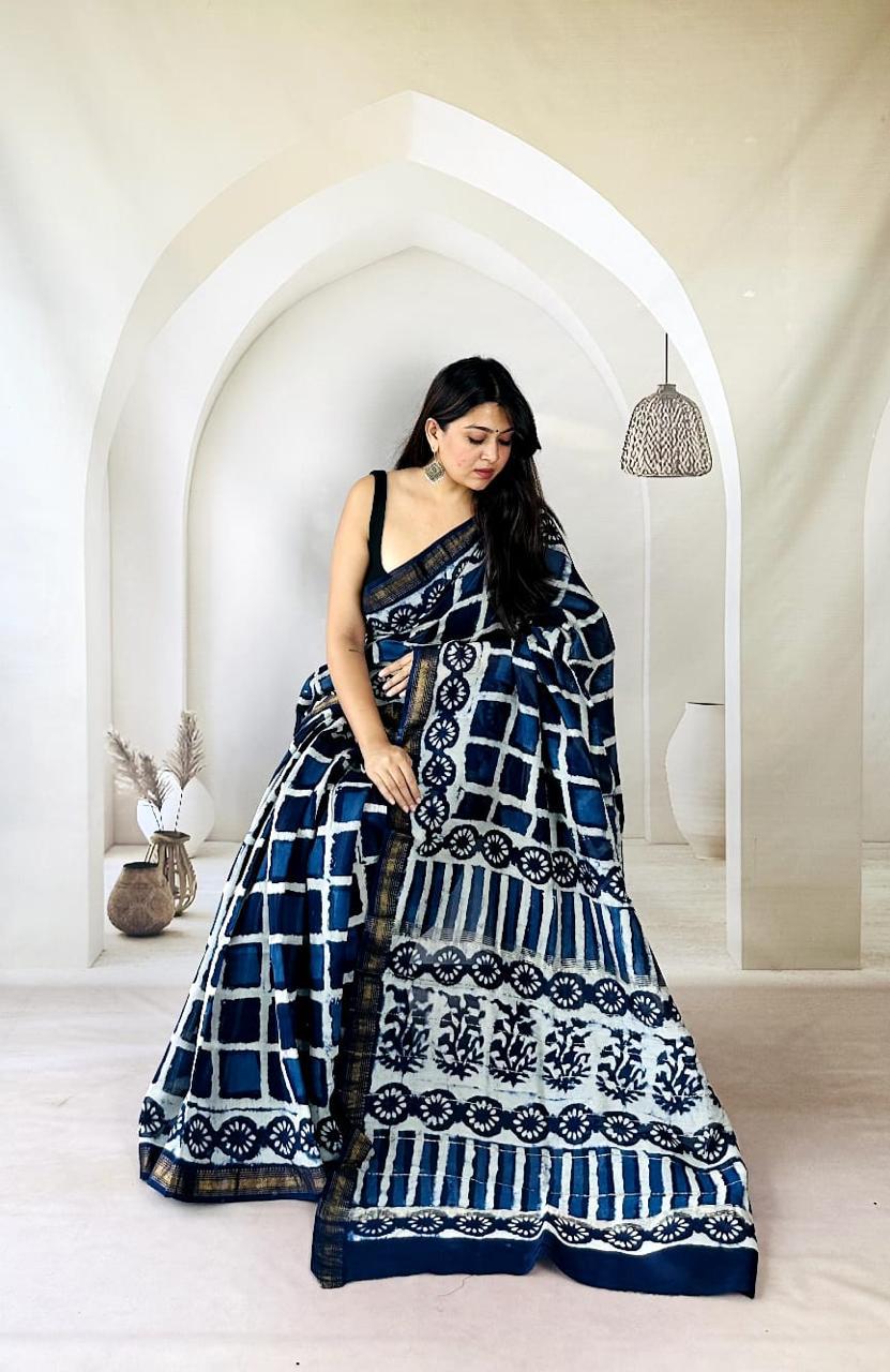 Exclusive Traditional Hand Block Printed Maheshwari Silk Saree with Blouse Piece