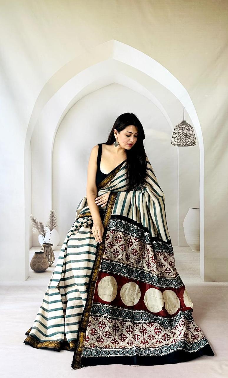 Exclusive Traditional Hand Block Printed Maheshwari Silk Saree with Blouse Piece