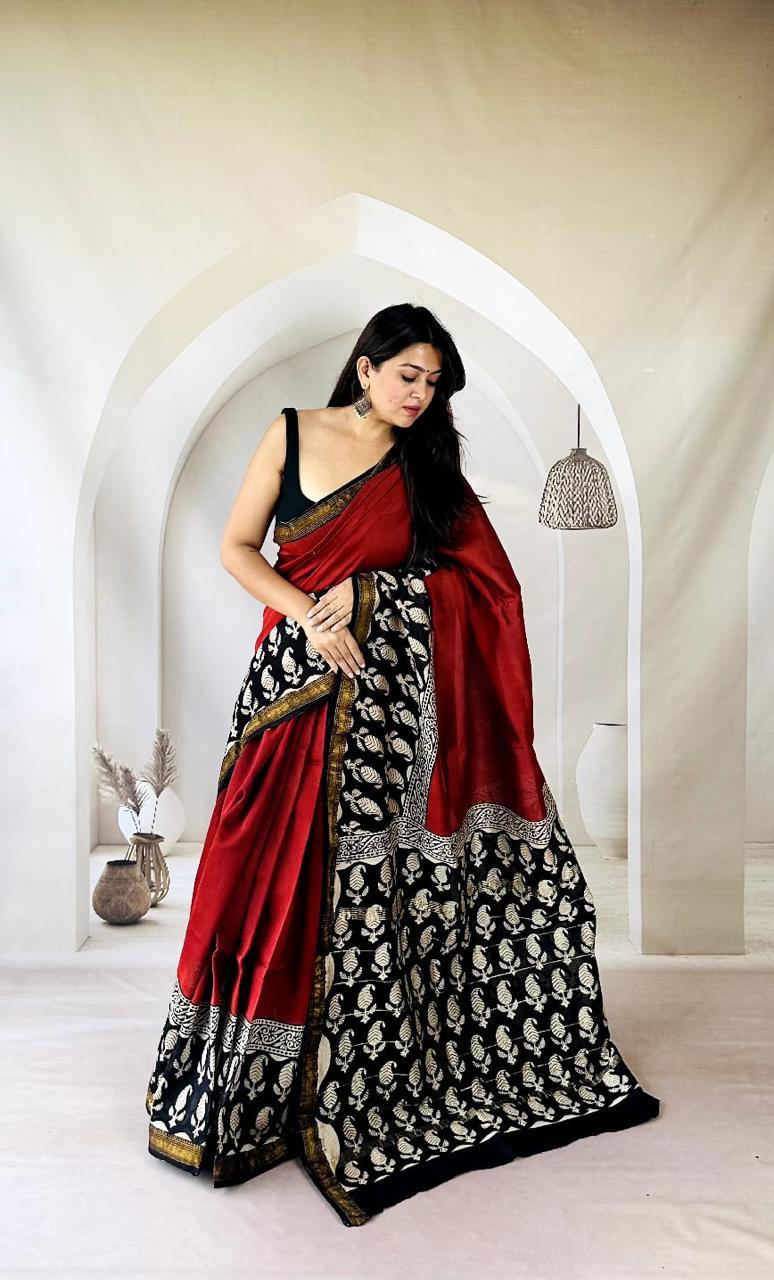 Exclusive Traditional Hand Block Printed Maheshwari Silk Saree with Blouse Piece