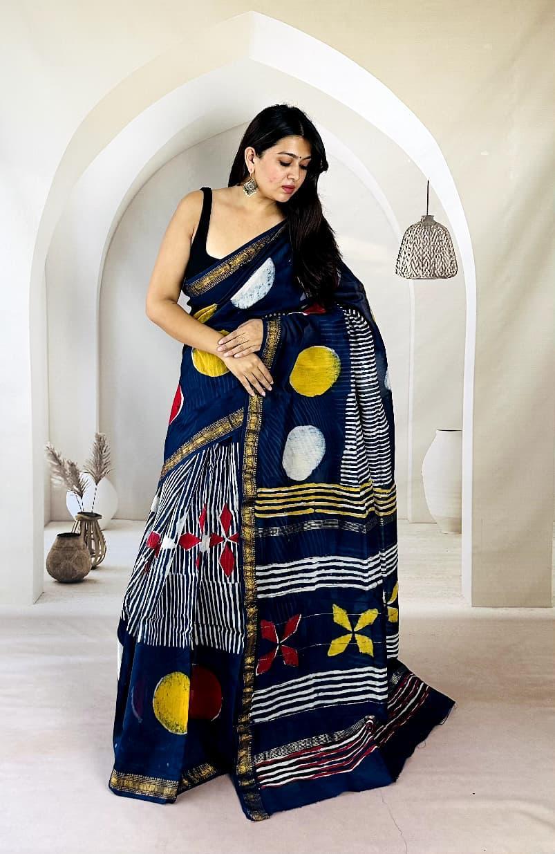 Exclusive Traditional Hand Block Printed Maheshwari Silk Saree with Blouse Piece