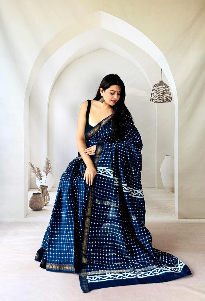 Exclusive Traditional Hand Block Printed Maheshwari Silk Saree with Blouse Piece