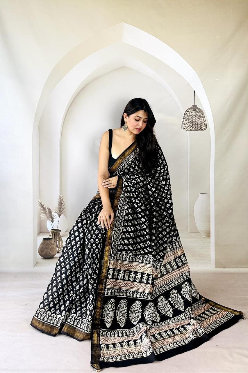 Exclusive Traditional Hand Block Printed Maheshwari Silk Saree with Blouse Piece