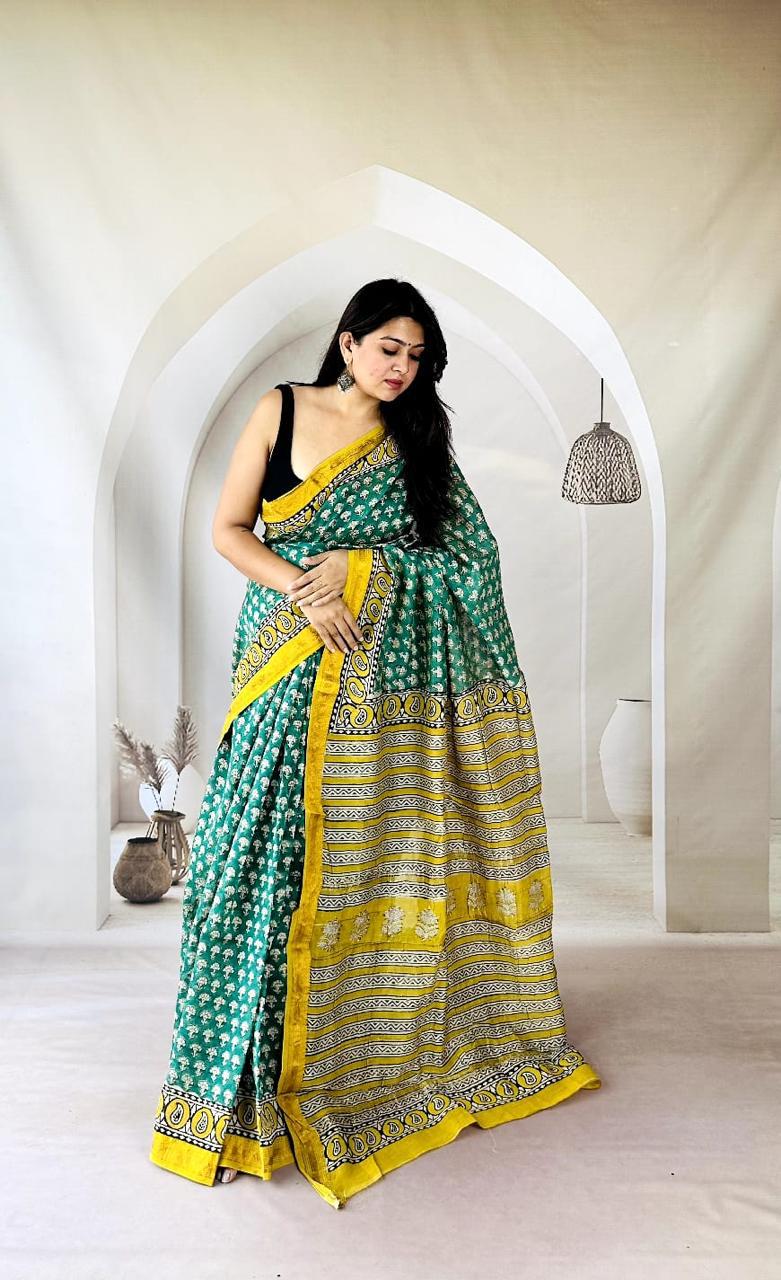 Exclusive Traditional Hand Block Printed Maheshwari Silk Saree with Blouse Piece