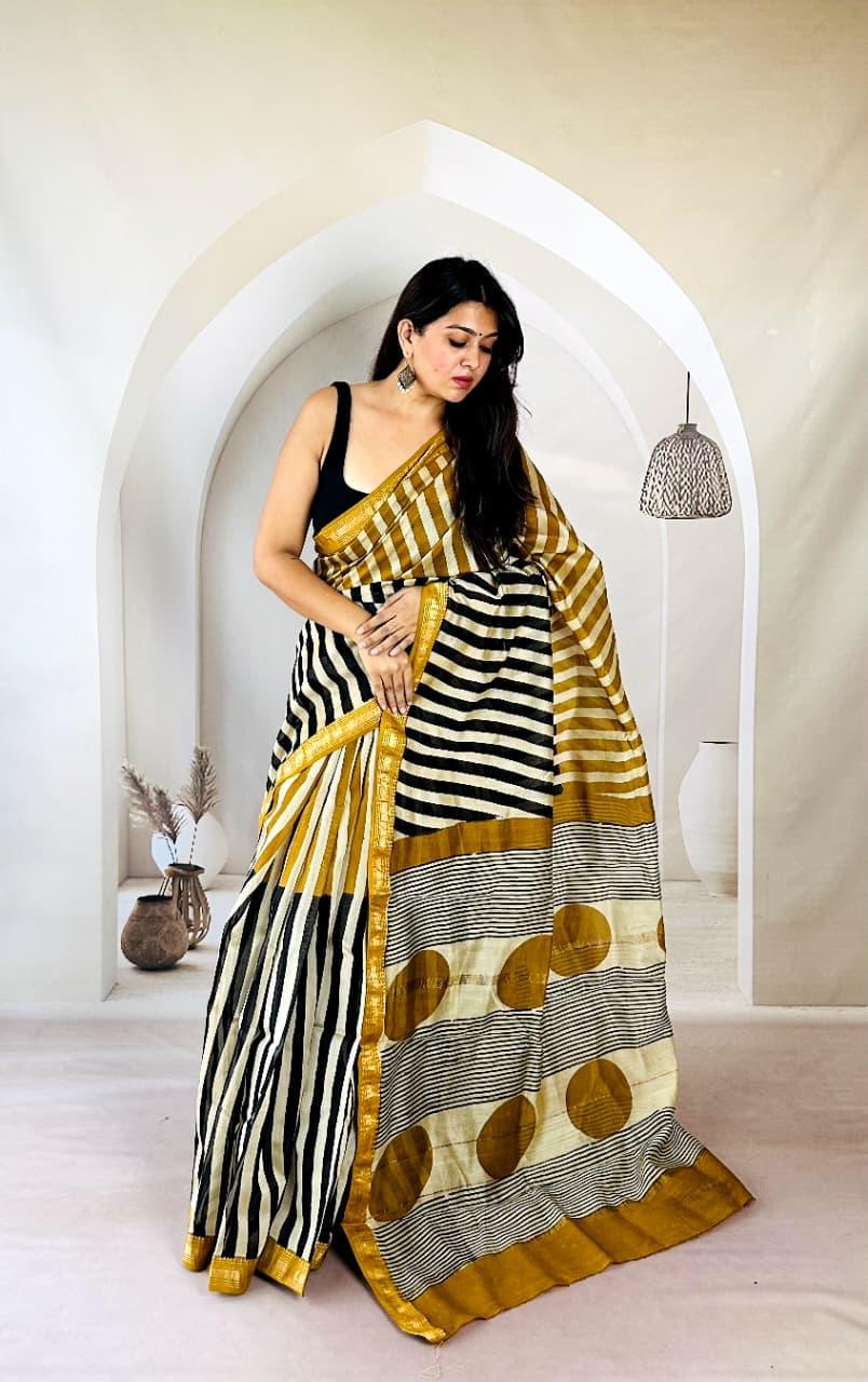 Exclusive Traditional Hand Block Printed Maheshwari Silk Saree with Blouse Piece