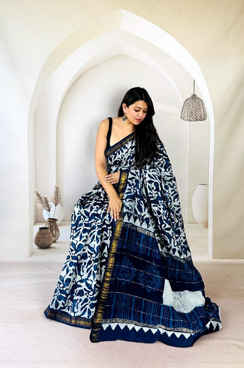 Exclusive Traditional Hand Block Printed Maheshwari Silk Saree with Blouse Piece