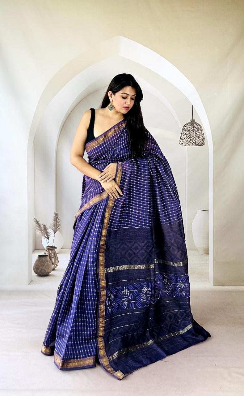 Exclusive Traditional Hand Block Printed Maheshwari Silk Saree with Blouse Piece