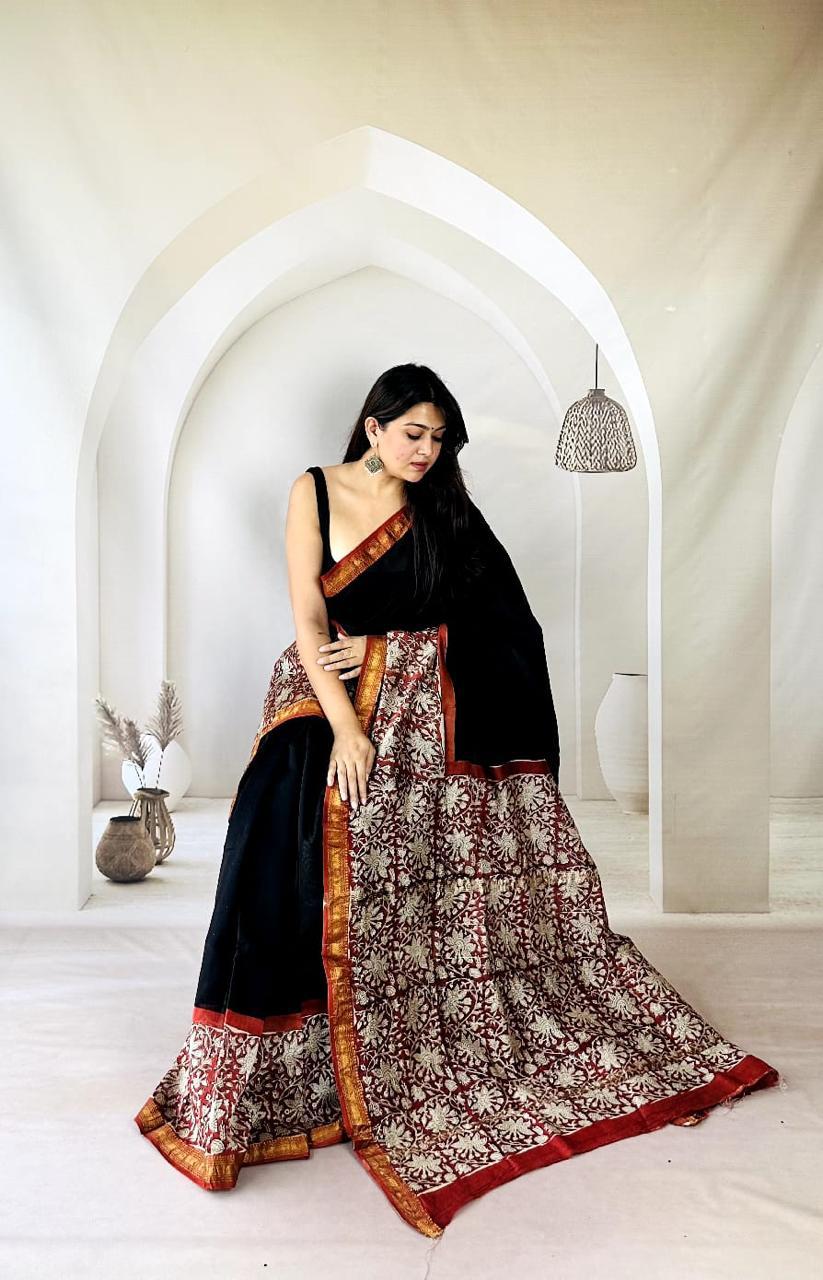 Exclusive Traditional Hand Block Printed Maheshwari Silk Saree with Blouse Piece