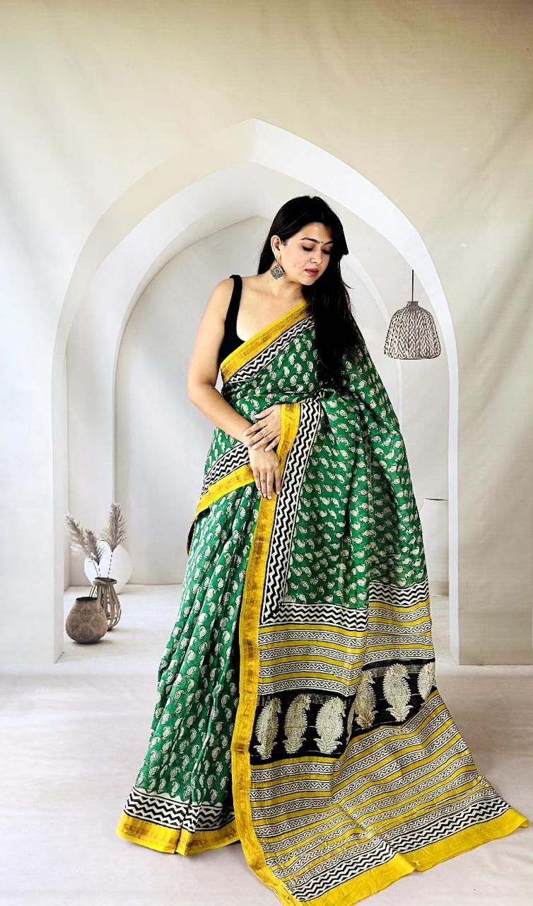 Exclusive Traditional Hand Block Printed Maheshwari Silk Saree with Blouse Piece