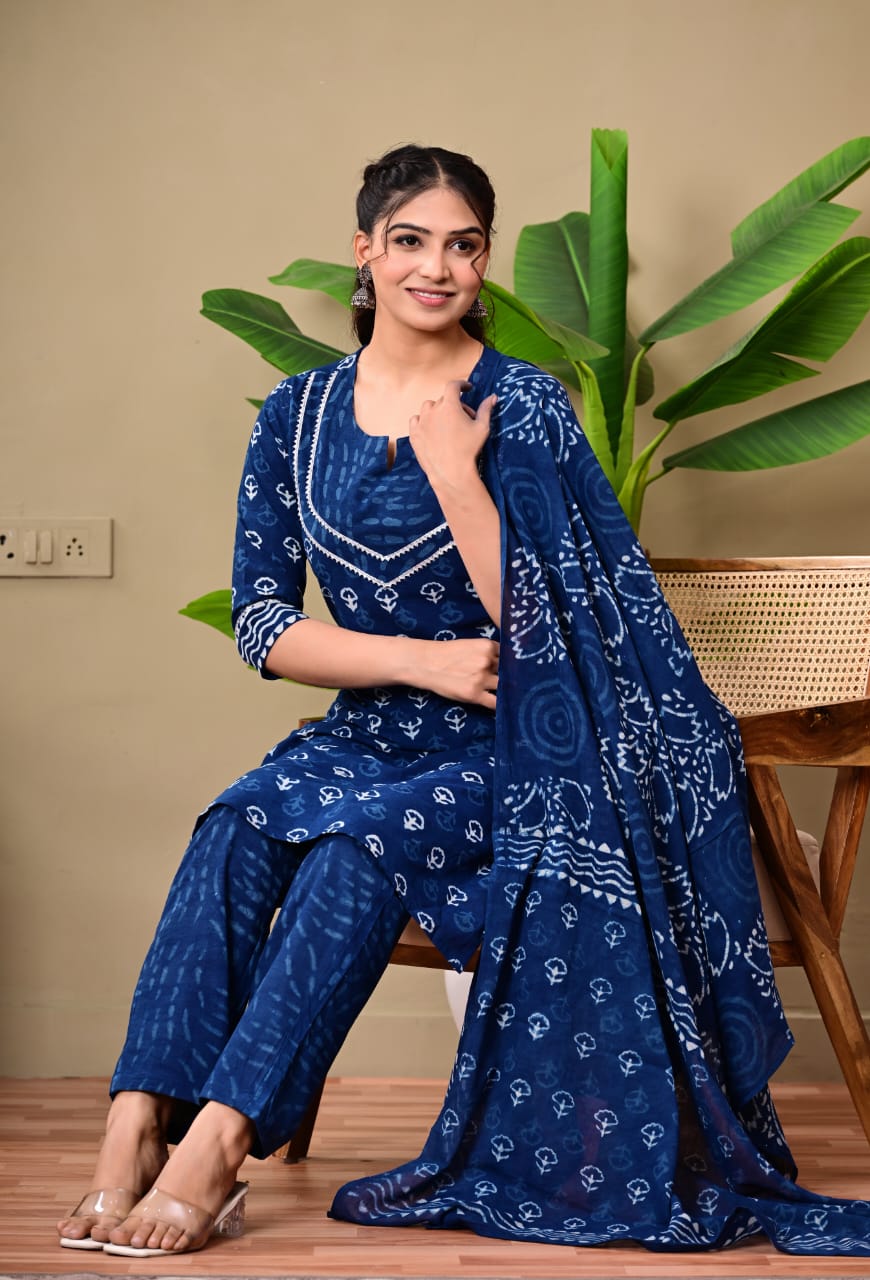 Hand Block Printed Stitched Cotton Suit Set with Matching Cotton Dupatta