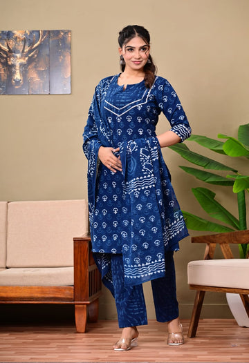 Hand Block Printed Stitched Cotton Suit Set with Matching Cotton Dupatta