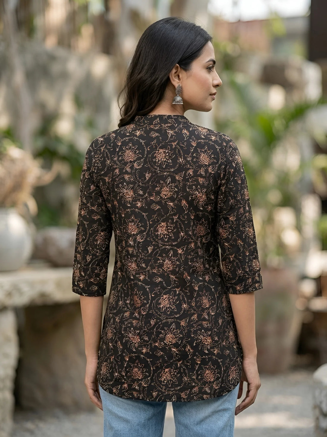 Faddism Women Black Printed Straight Pure Cotton Tunic