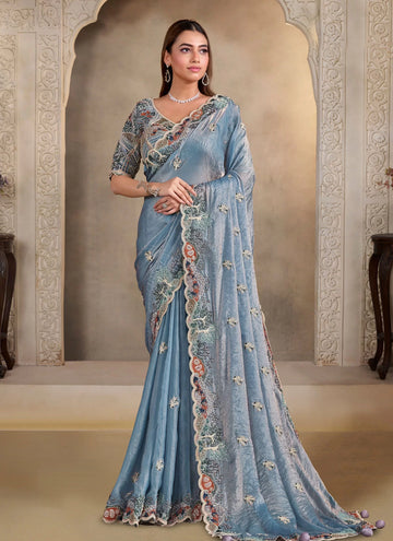 Mahotsav Steel Blue Premium Satin Silk Wedding Saree with Blouse Piece