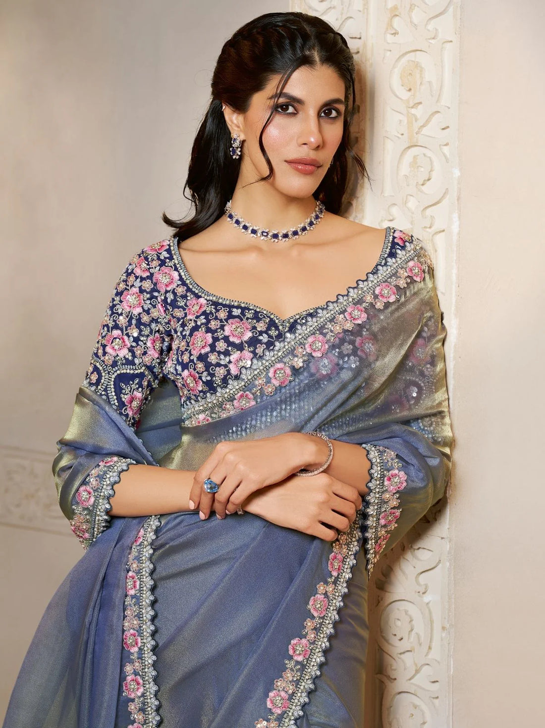 Mahotsav Pigeon Blue Embroidered Silk Saree with Stone Work & Designer Blouse