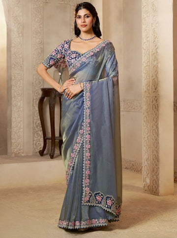 Mahotsav Pigeon Blue Embroidered Silk Saree with Stone Work & Designer Blouse