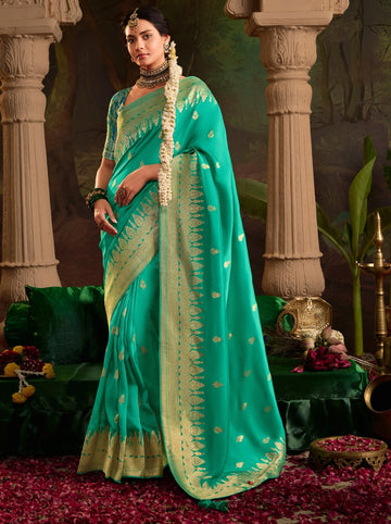 RAAS Teal Blue Crepe Dola Silk Designer Saree