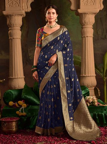 RAAS Space Blue Crepe Dola Silk Designer Saree