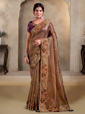 Mahotsav Peanut Brown Banarasi Crush Bridal Saree with Blouse Piece