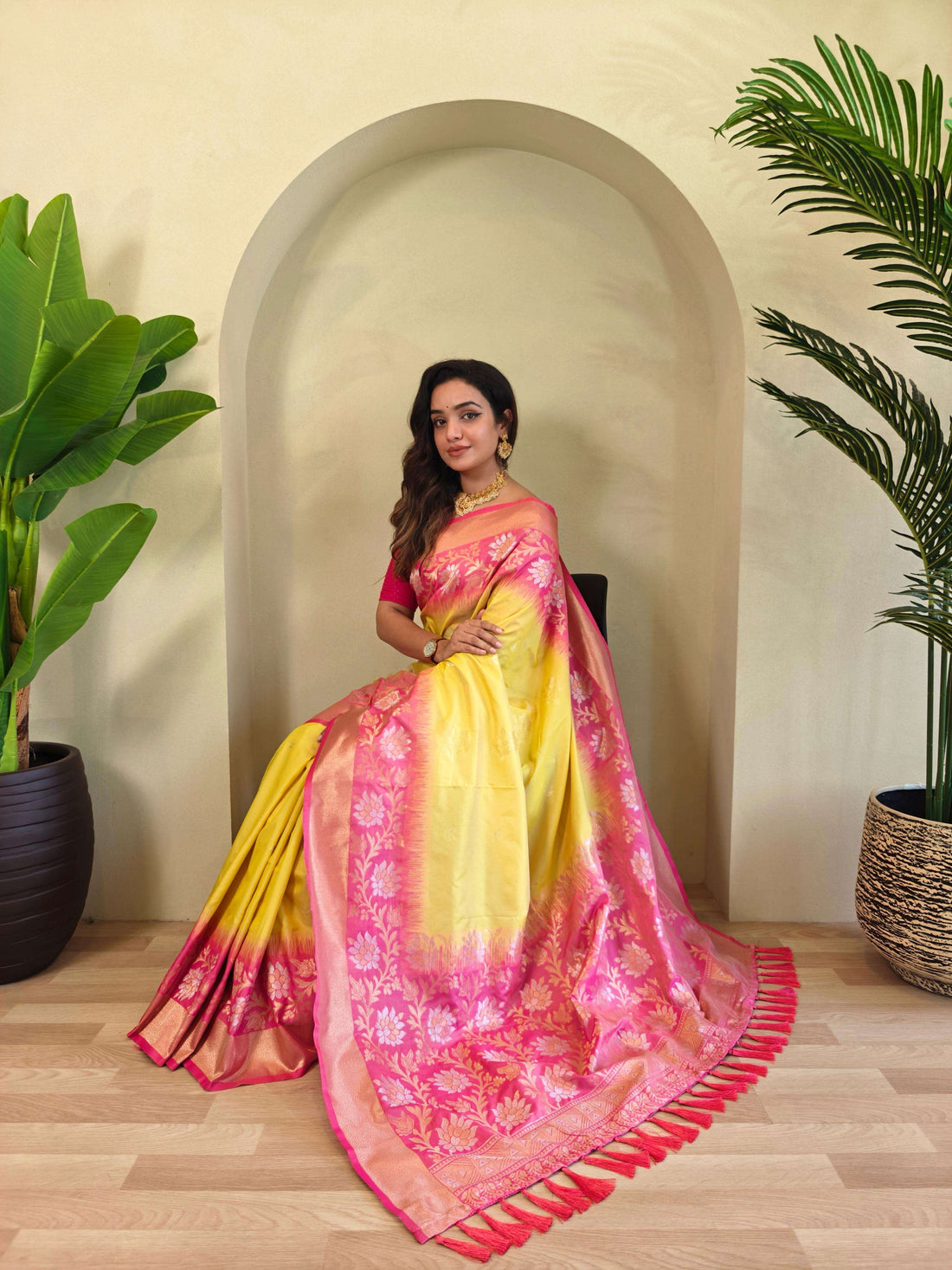 Fulpati Yellow Dual Tone Silk Saree with Zari Weaving