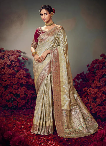 Keshva Silk Beige Brown Satin-Based Saree with Designer Lace Border & Heavy Contrast Embroidered Blouse
