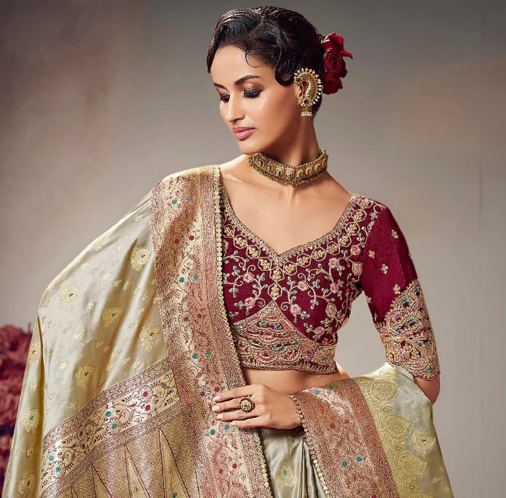 Keshva Silk Beige Brown Satin-Based Saree with Designer Lace Border & Heavy Contrast Embroidered Blouse