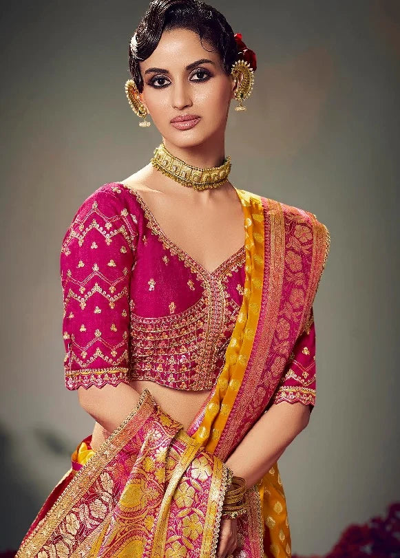 Keshva Silk Yellow Satin-Based Saree with Lace Border & Heavy Embroidered Contrast Blouse