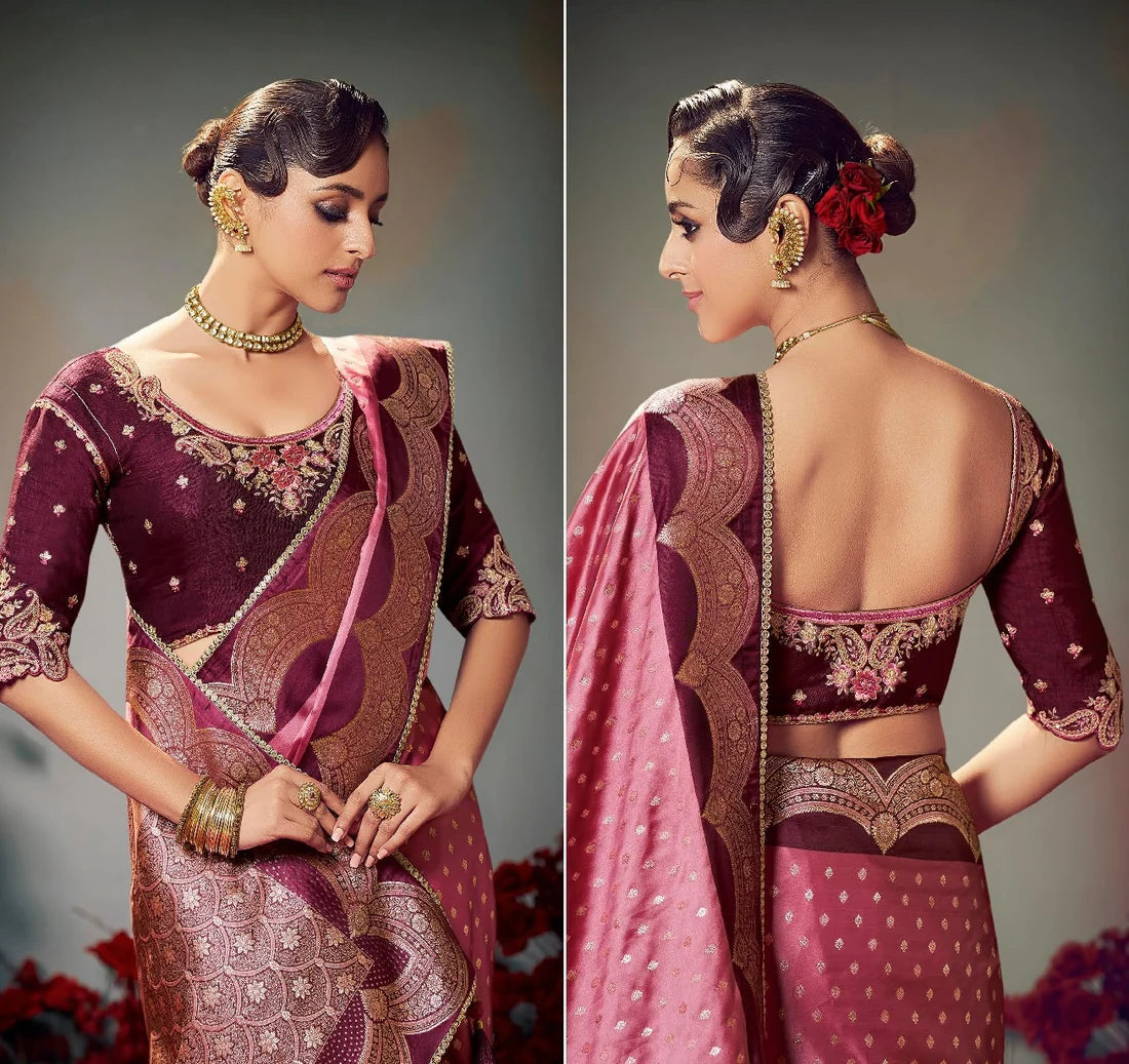 Keshva Silk Mauve Satin-Based Saree with Lace Border & Heavy Embroidered Contrast Blouse