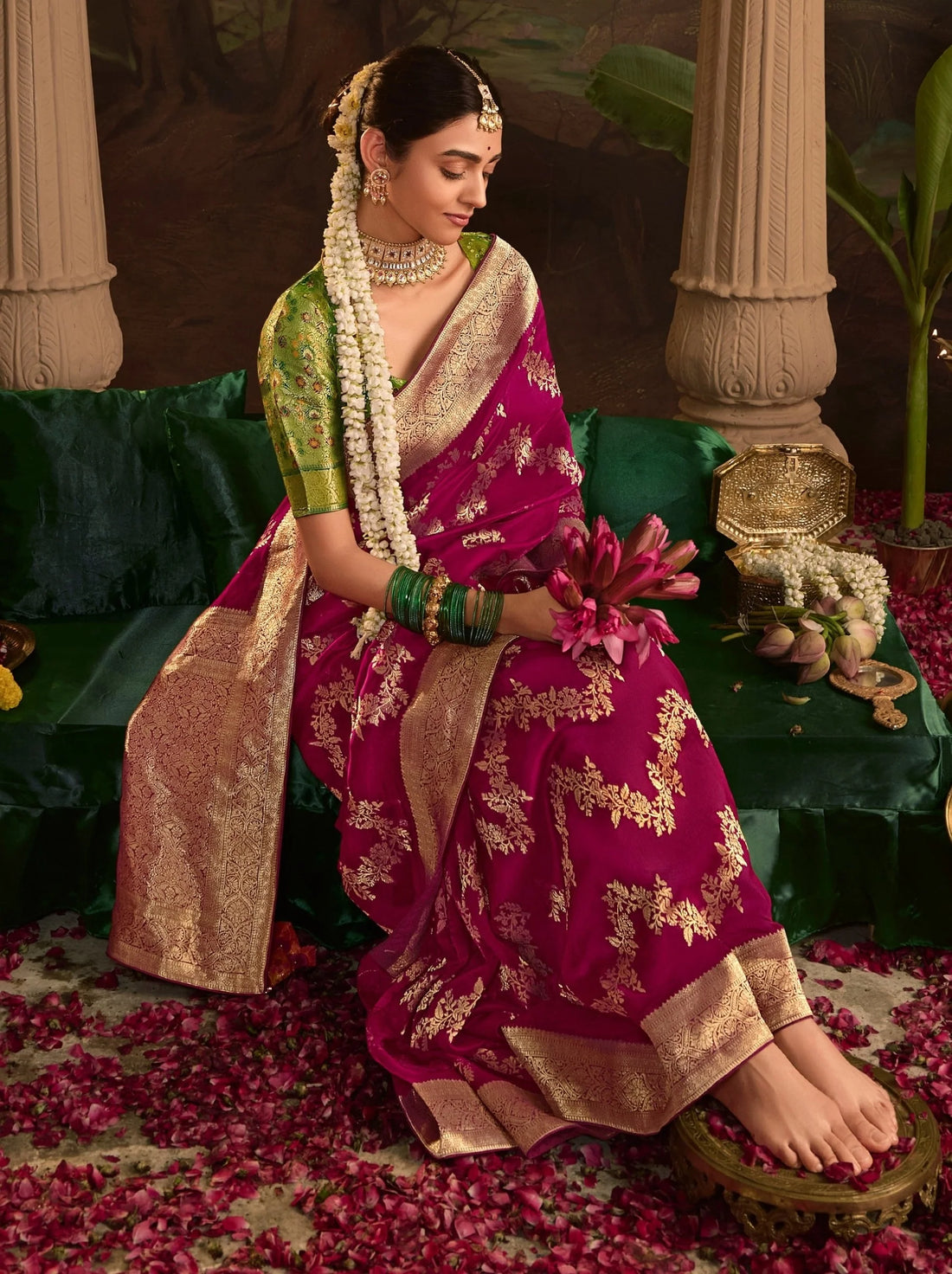 RAAS Magenta Pink Crepe Dola Silk Designer Saree